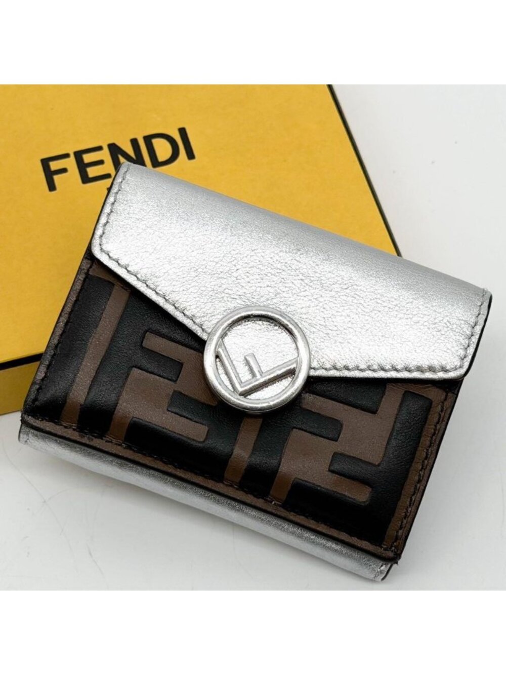 Fendi Limited Edition Zucca Pattern Silver F's Compact Leather Wallet